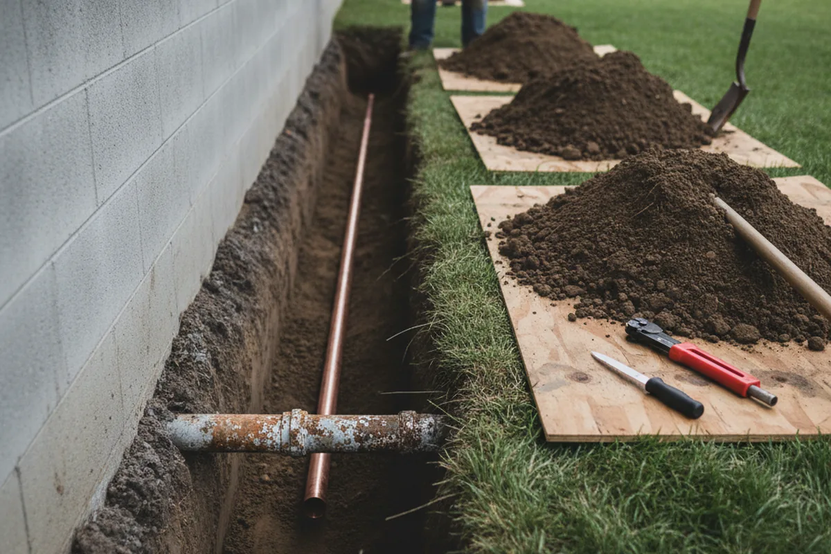 Excavated water line trench during Water Softener Installation in Fort Harrison